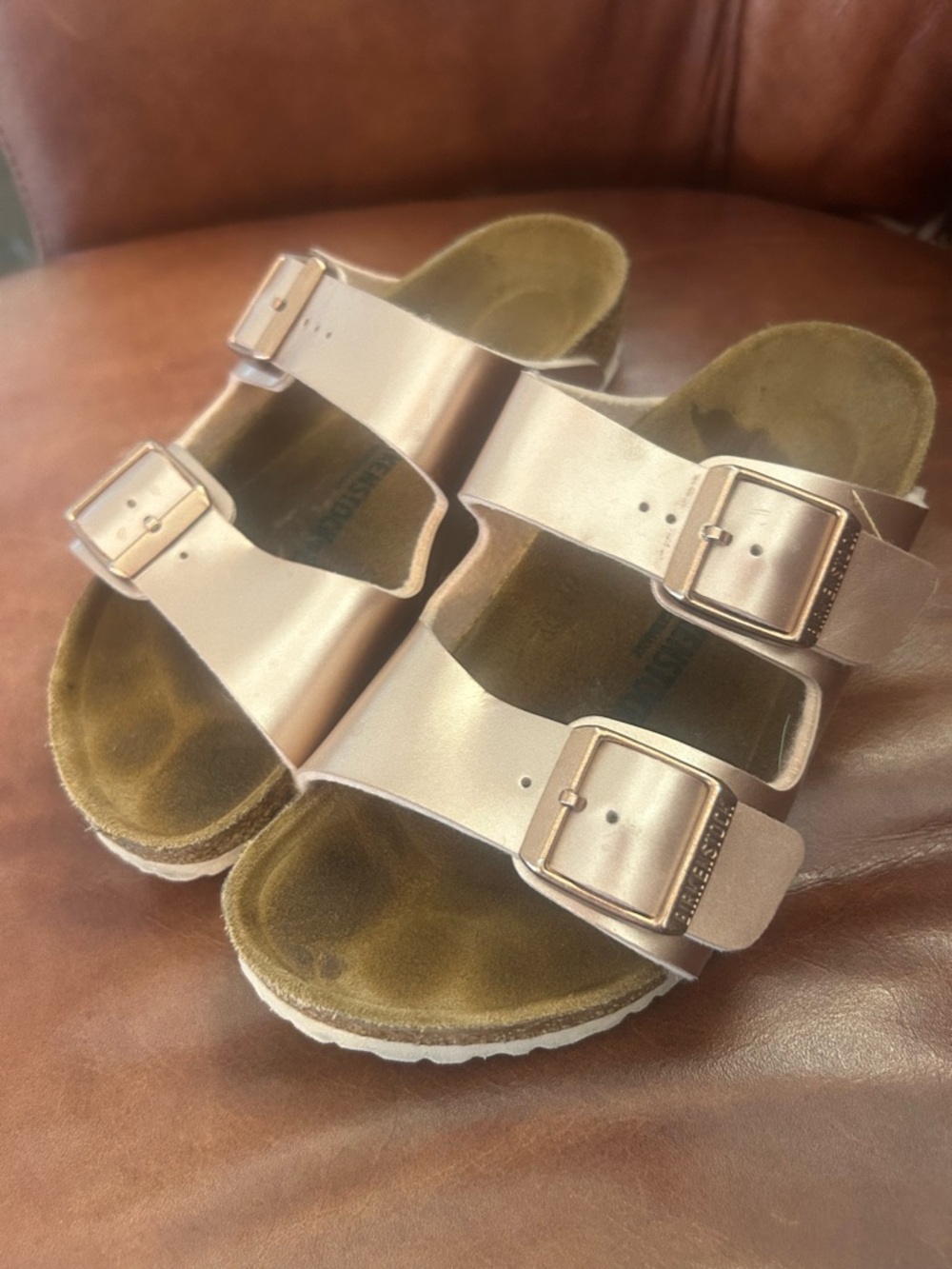 Birkenstock Kids Metallic Rose Gold Double Buckle Sandals